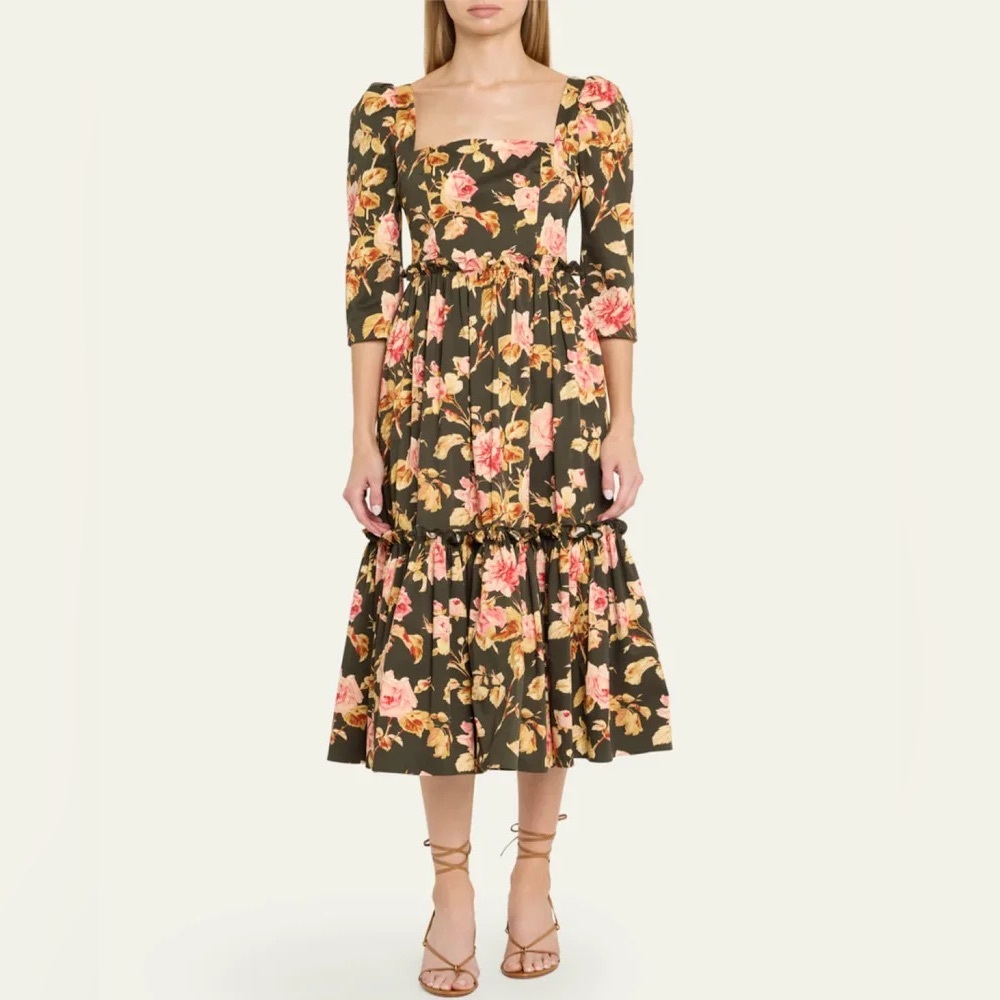 Cara Cara Blue Hill Dress in Green Olive Floral size 8